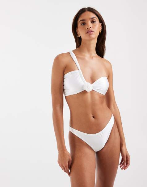 Vero Moda one shoulder bandeau bikini top and ruched bum bikini bottoms set with floral corsage detail in pearly white - view 1