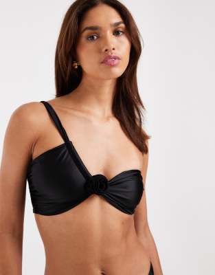 Vero Moda One Shoulder Bandeau Bikini Top With Floral Corsage Detail In Black