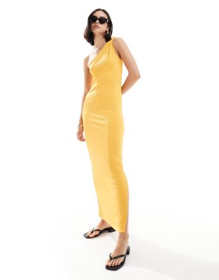 one shoulder ribbed jersey maxi dress in golden orange