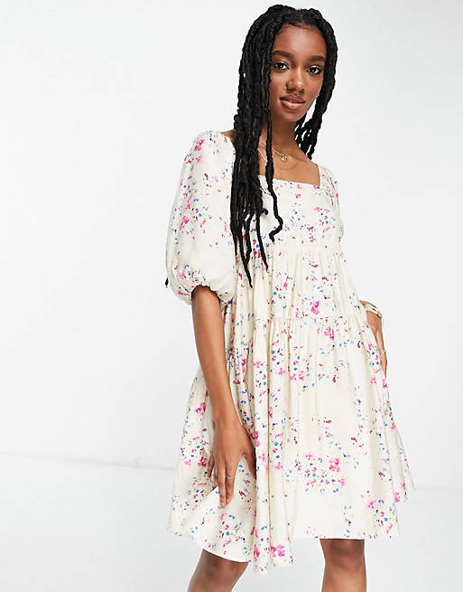 Women Vero Moda open back mini smock dress in cream floral 