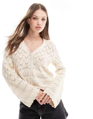 open knit cardigan in cream-White