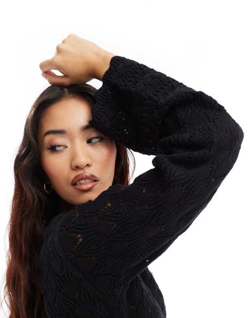 Vero Moda open knit sweater in black, 3 of 4