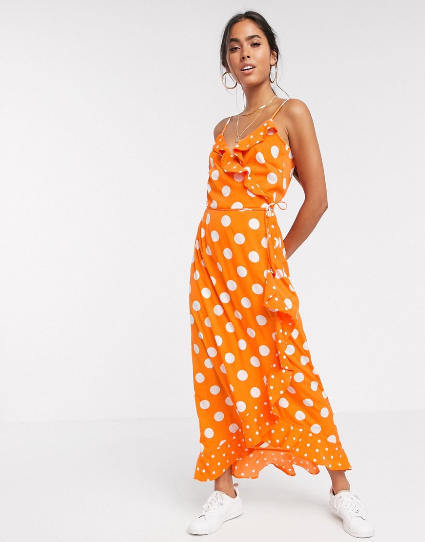 Vero Moda – Orange prickig maxiklänning med volang-Flerfärgad