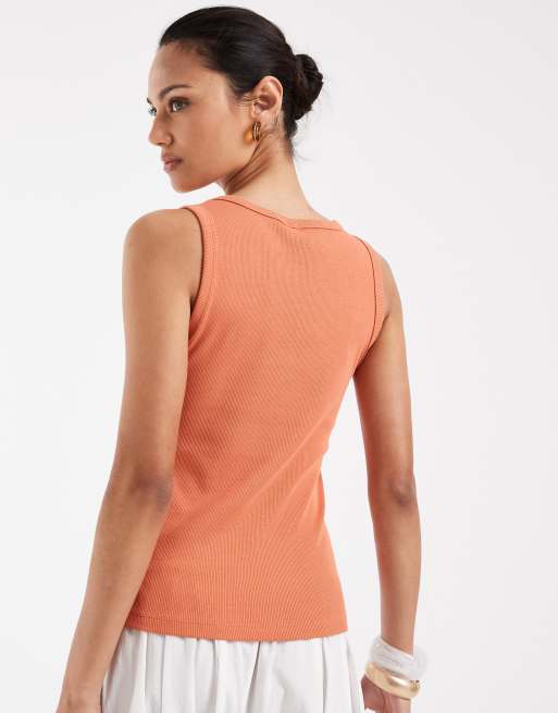 Vero Moda - Orange ribstrikket overdel med dyb rund hals og broderet solgrafik, 4 af 4