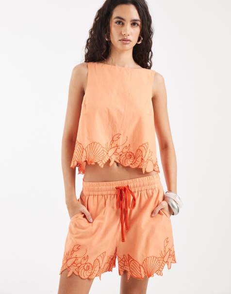 Vero Moda - Orange shorts med bindebånd i taljen og muslinge-frynsedetaljer - Del af sæt - view 1