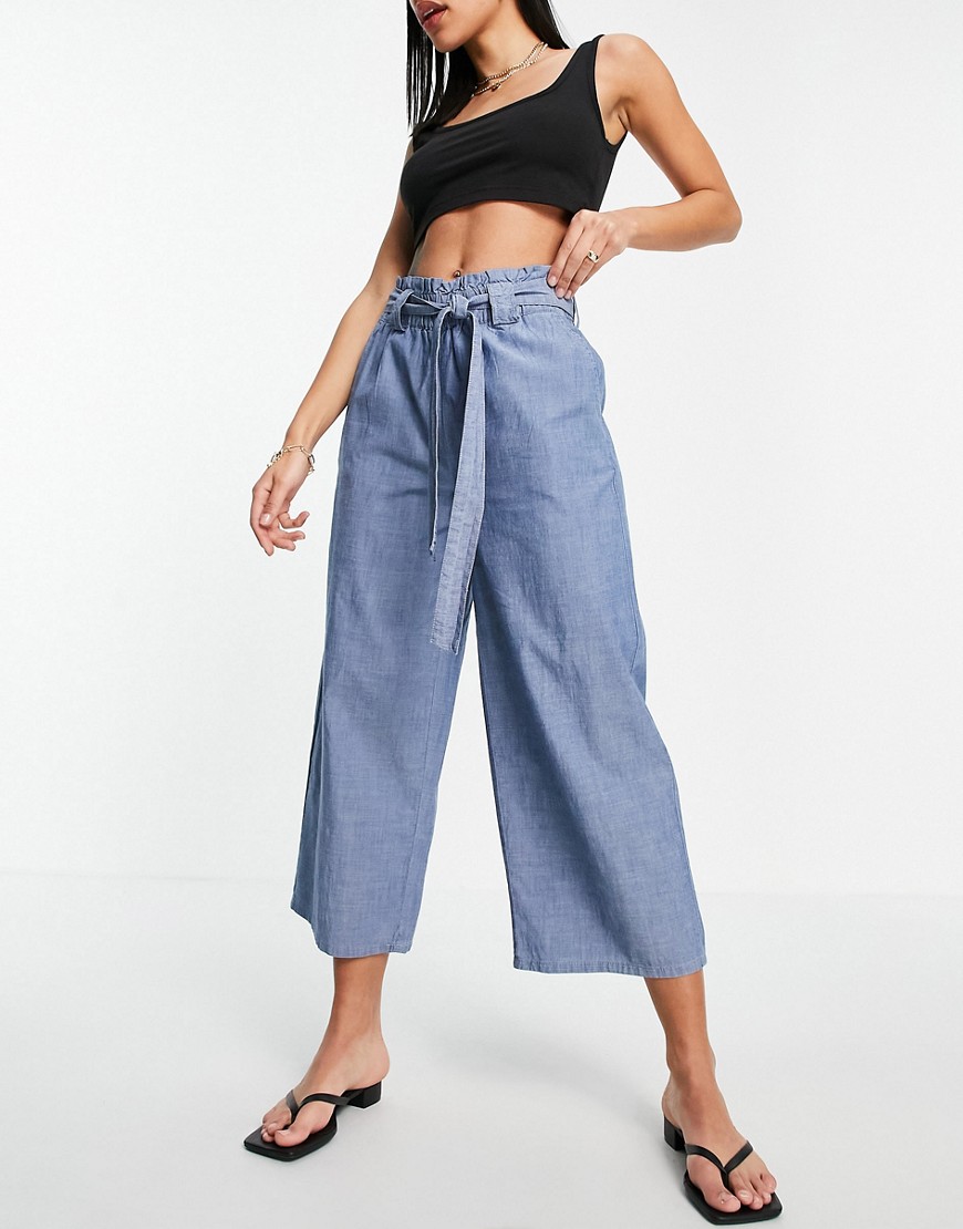 Vero Moda organic cotton blend chambray culottes with belted waist in blue-Blues