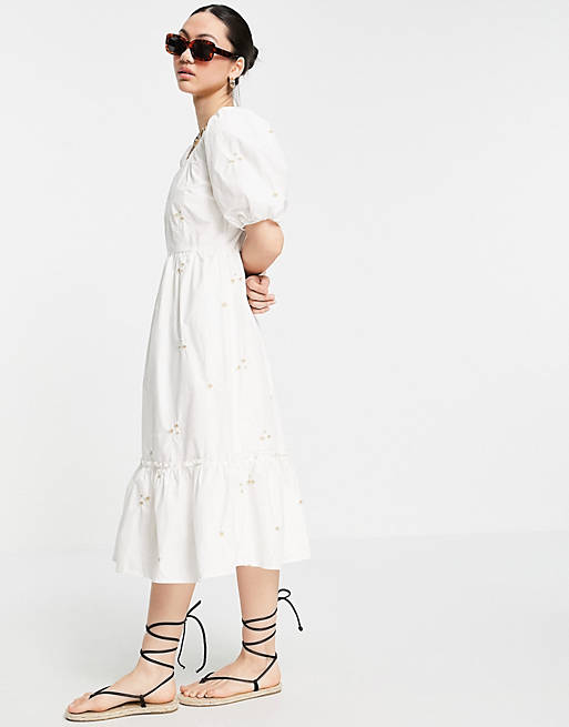 Dresses Vero Moda organic cotton midi cotton embroidered smock dress in white 