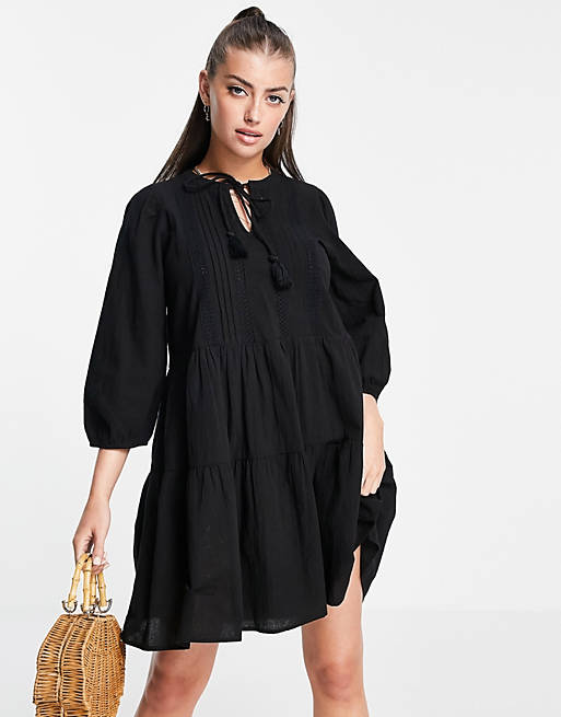 Dresses Vero Moda organic cotton mini tie neck smock dress in black 