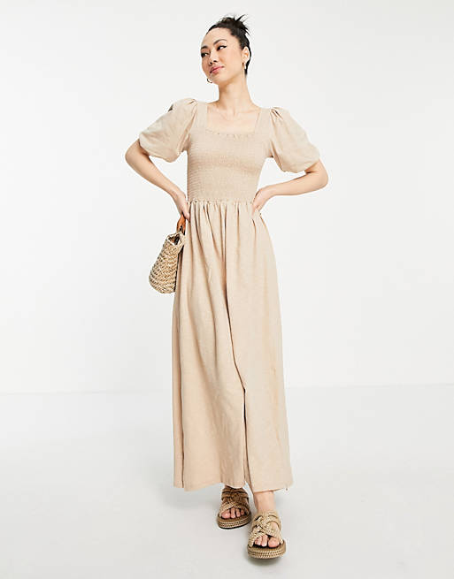  Vero Moda organic cotton shirred maxi dress with puff sleeves in beige 