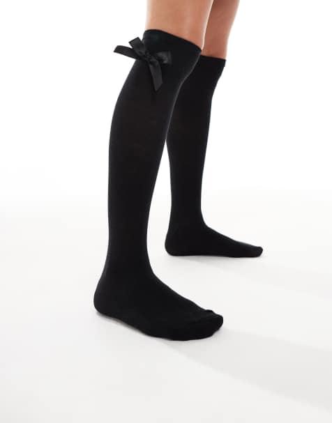 Vero Moda over-the-knee socks with bow trim in black - view 1