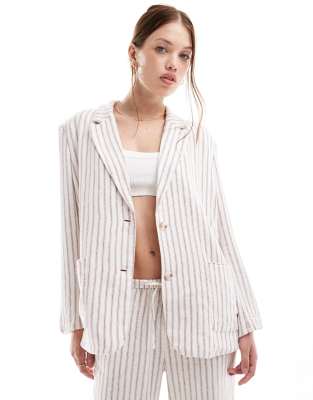 Vero Moda - Oversize-Blazer aus Leinenmix mit Streifen in Terrakotta, Kombiteil-Bunt
