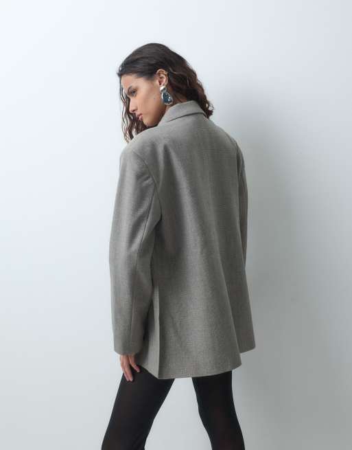 Vero Moda oversize check blazer with slit detail in neutral, 4 of 4