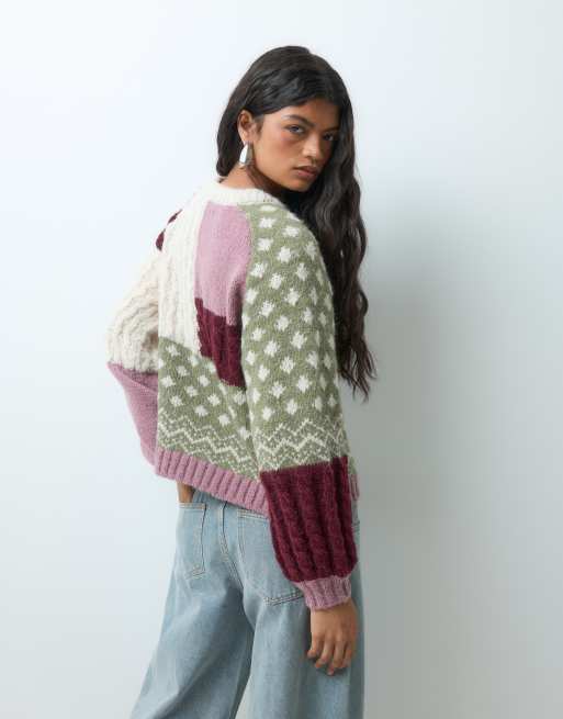 Vero Moda Oversize-Chunky-Patchwork-Strickpullover in Burgunderrot und Pink, 5 von 5