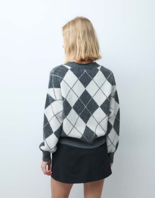 Vero Moda oversize sweter dzianinowy w romby w ciemnoszarym i kremowym kolorze, 4 z 4