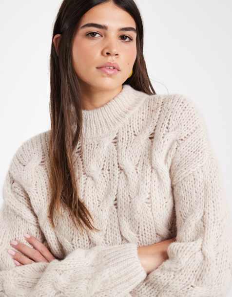 Vero Moda oversize sweter z wysokim golfem i puszystym warkoczowym splotem w kolorze oatmeal - view 1