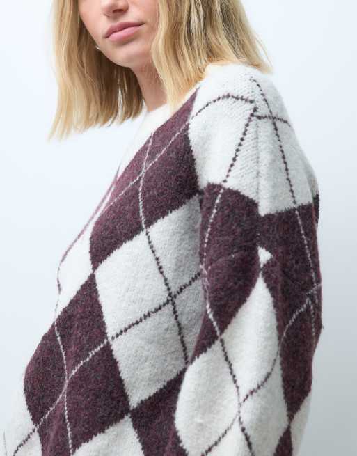 Vero Moda oversized argyle knitted jumper in burgundy and cream, 3 of 4