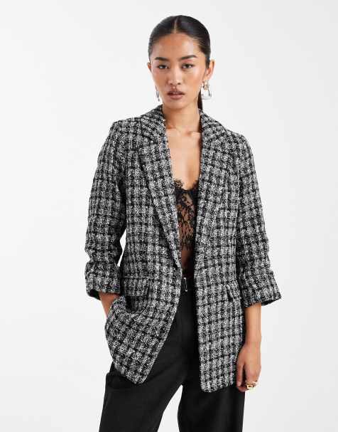 Vero Moda oversized boucle texture ruched sleeve blazer in black and white - view 1