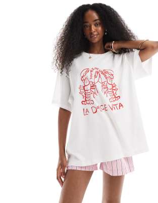 oversized boyfriend fit lobster graphic tee in white