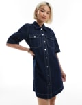 [Vero Moda] Vero Moda oversized button front short sleeve denim dress in dark blue wash XL Dark Blue Denim