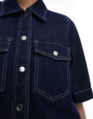 Vero Moda Oversized Button Front Short Sleeve Denim Dress In Blue