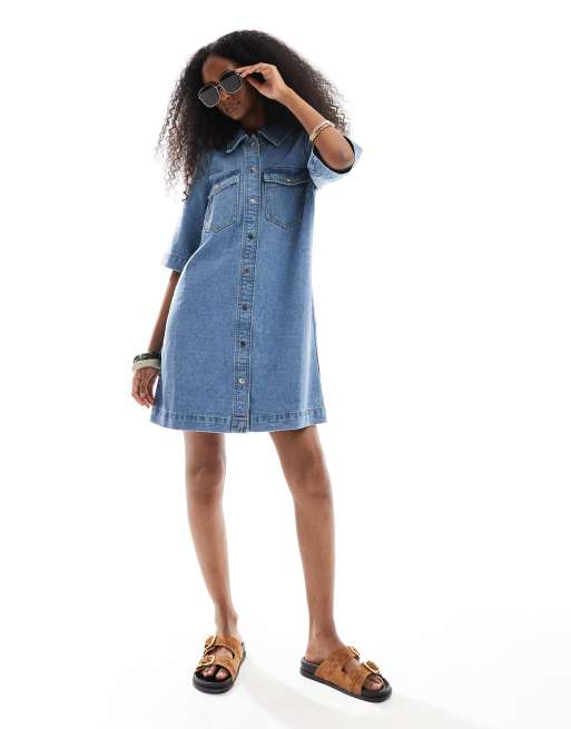 Vero Moda oversized button front short sleeve denim dress in medium blue wash, 2 of 4