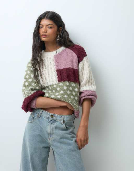 Vero Moda oversized chunky patchwork knitted jumper in burgundy and pink, 2 of 5