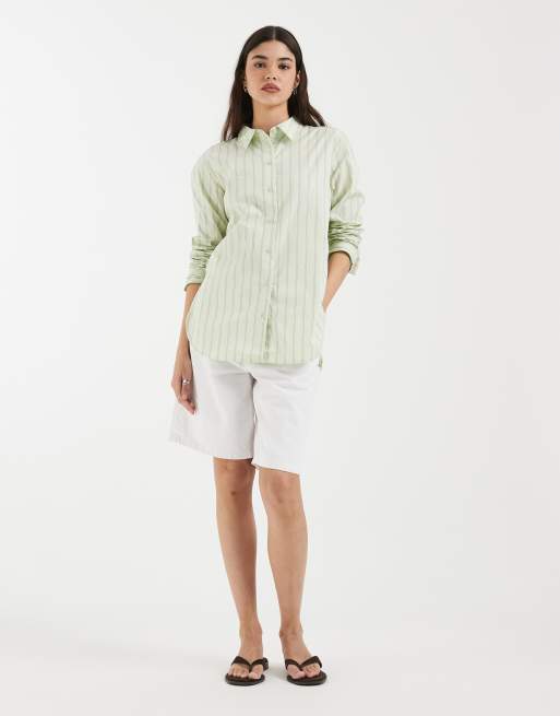 Vero Moda oversized cotton oxford shirt in fog green double stripe print, 2 of 4