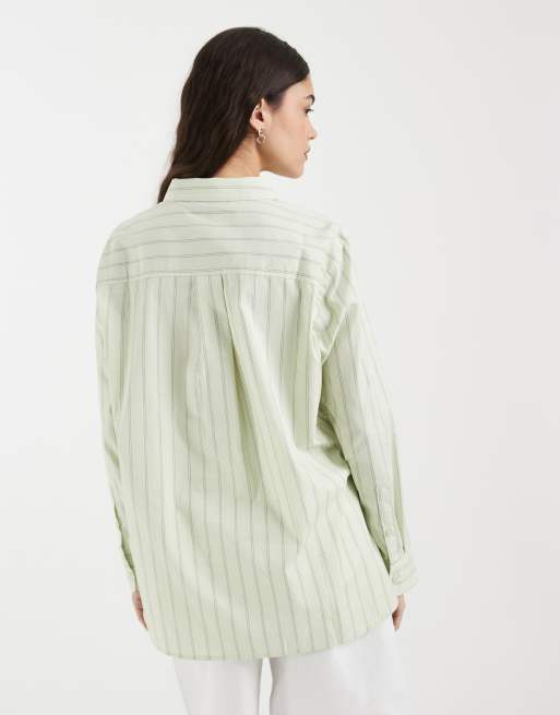Vero Moda oversized cotton oxford shirt in fog green double stripe print, 3 of 4