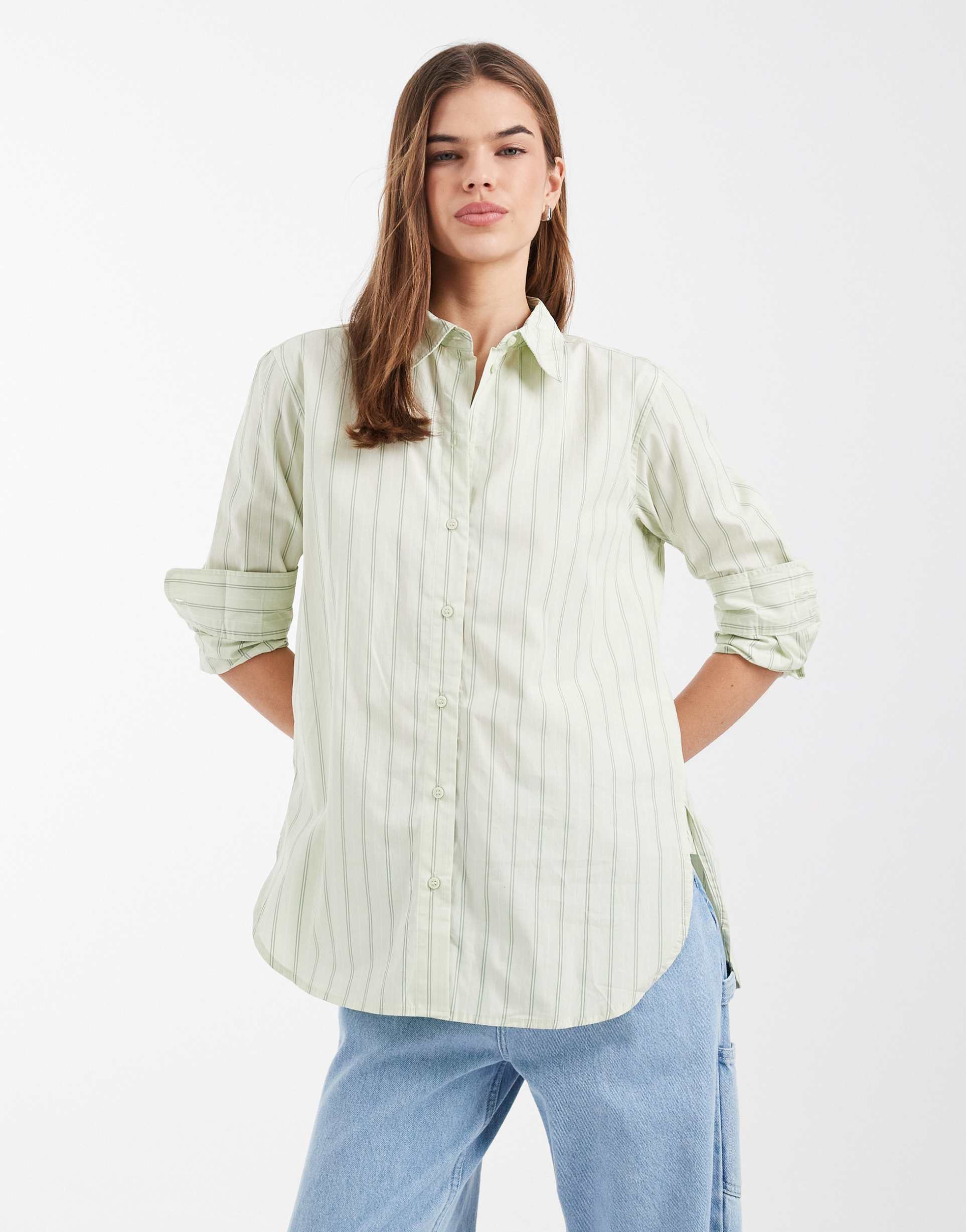 vero moda oversized cotton oxford shirt in fog green double striped print