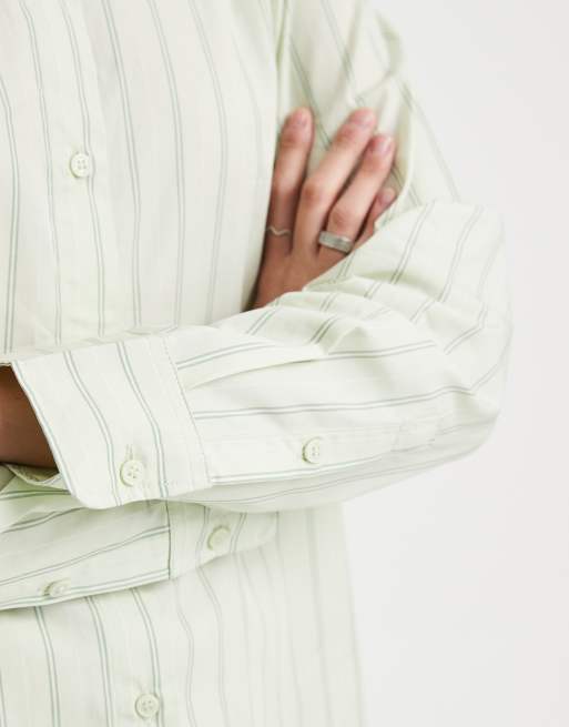 Vero Moda oversized cotton oxford shirt in fog green double striped print, 4 of 4