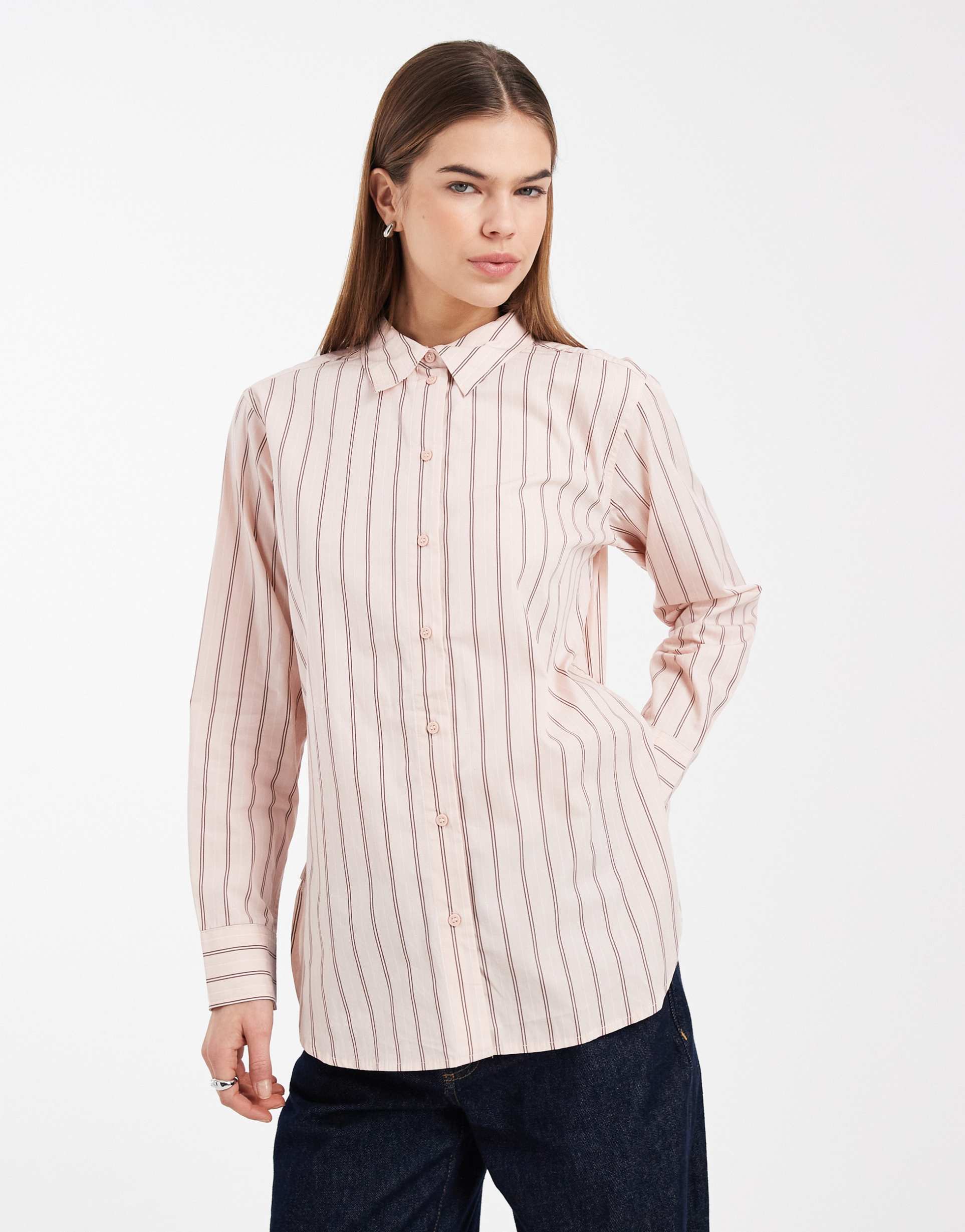 vero moda oversized cotton oxford shirt in light pink double striped print
