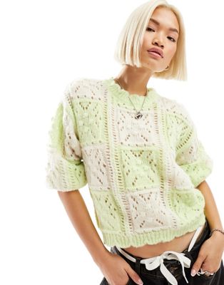 Vero Moda oversized crochet knit jumper in lime and white