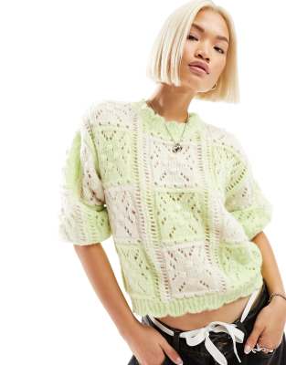 Vero Moda Vero Moda oversized crochet knit jumper in lime and white-Multi