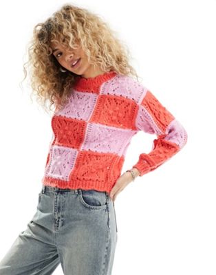 Vero Moda oversized crochet knit jumper in pink and red
