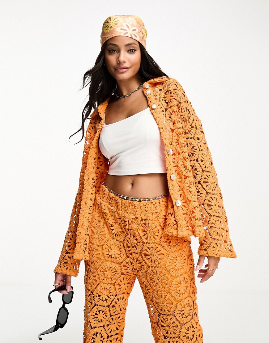 Vero Moda oversized crochet shirt co-ord in orange