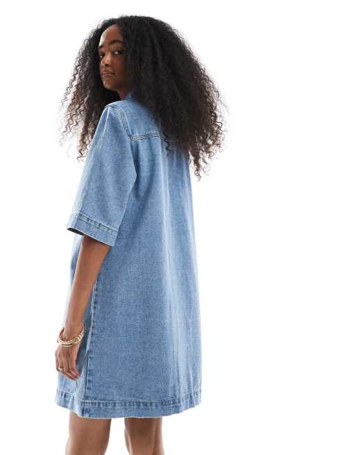 Vero Moda - Oversized denim jurk met korte mouwen en knoopsluiting aan de voorkant in medium blauw wassing, 4 van 4