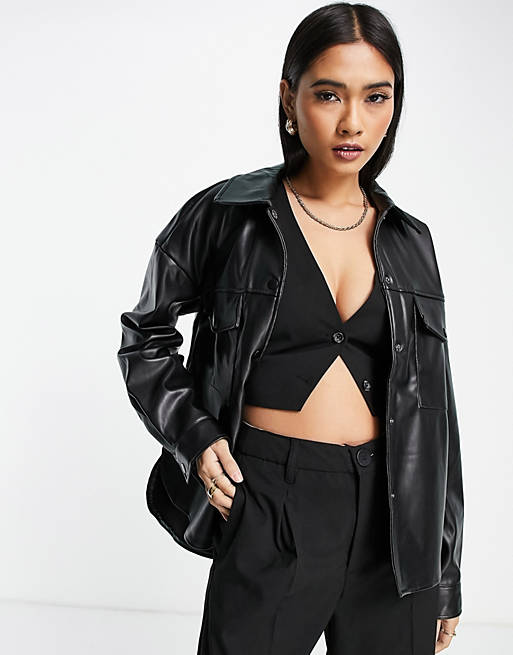 Vero Moda oversized faux leather shirt in black