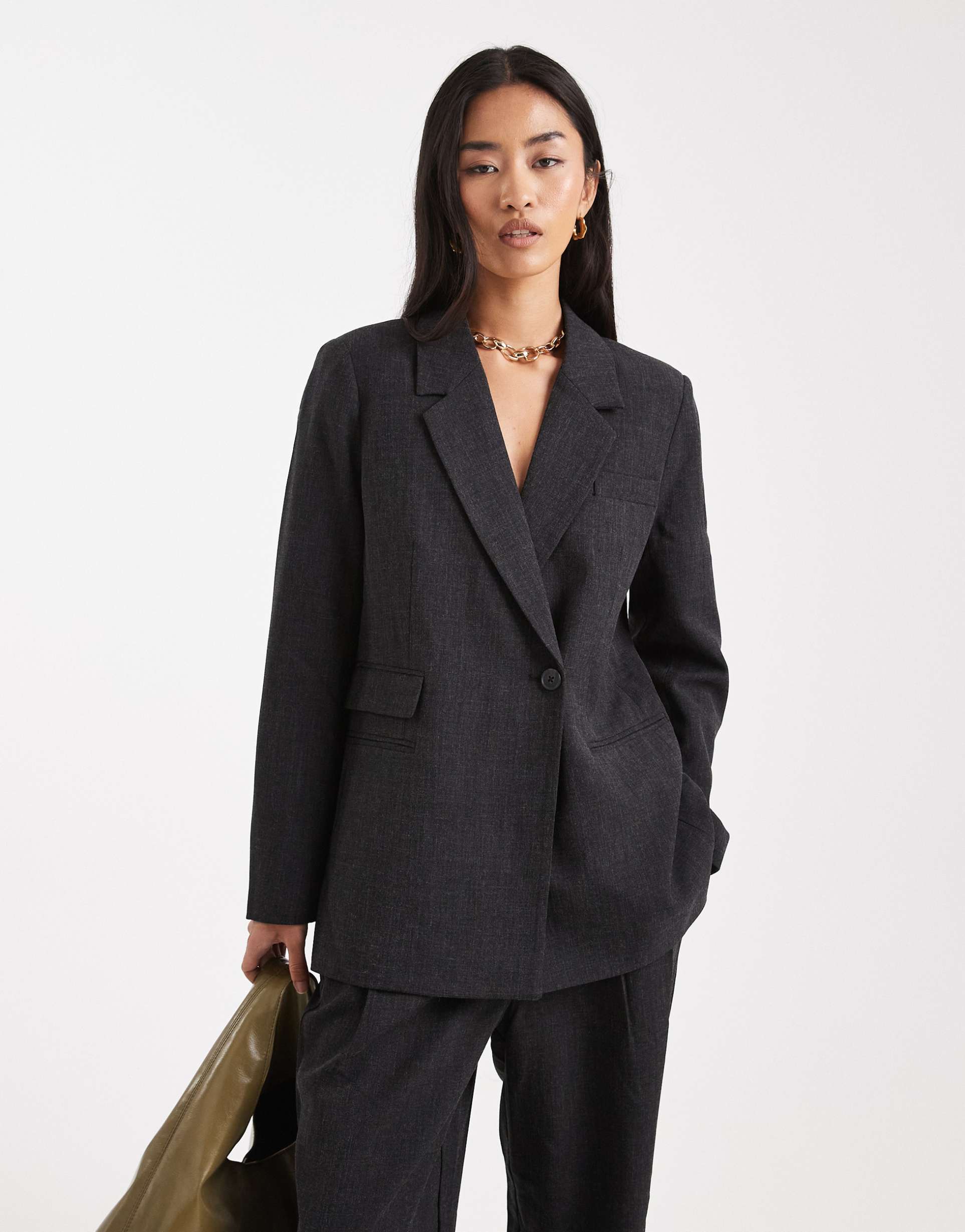 vero moda oversized fit blazer in dark gray melange - part of a set