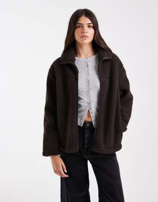 Vero Moda Oversized Funnel Neck Teddy Jacket In Brown