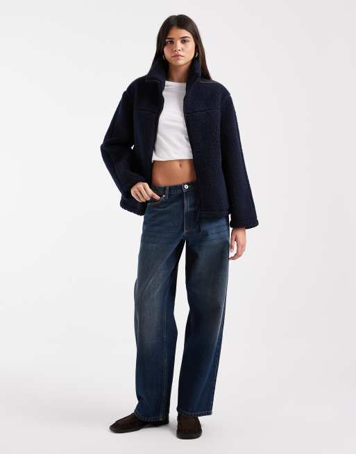 Vero Moda oversized funnel neck teddy jacket in navy, 2 of 4
