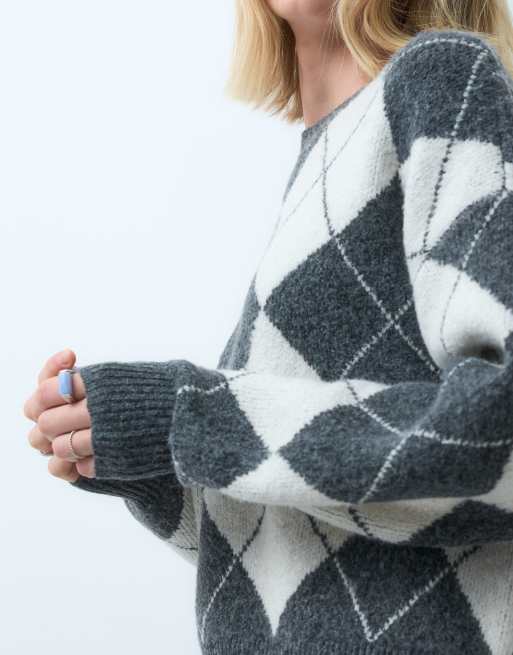 Vero Moda oversized gebreide trui met argyle in donkergrijs en crème, 3 van 4