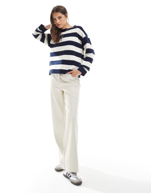 Vero Moda - Oversized gebreide trui met structuur en strepen in marineblauw en crème, 4 van 4