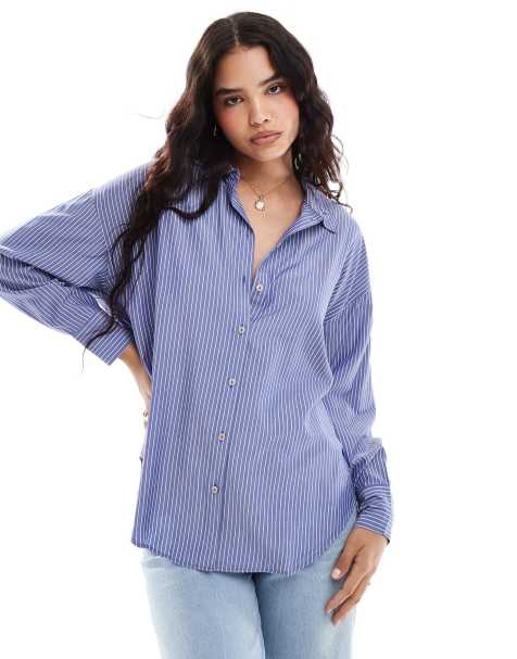 Vero Moda - Oversized gestreept overhemd in marineblauw en wit - view 1
