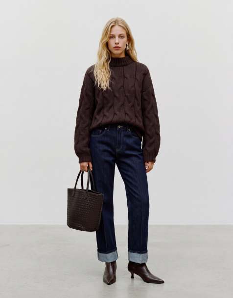 Vero Moda oversized high neck fluffy cable knit jumper in chocolate brown - view 1