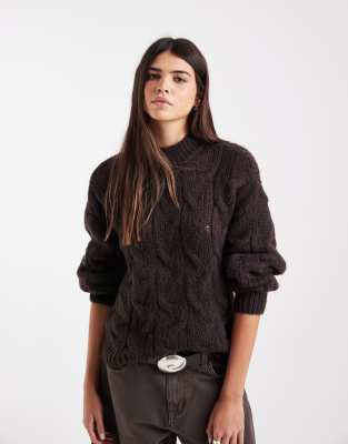 Vero Moda Oversized High Neck Fluffy Cable Knit Sweater In Brown