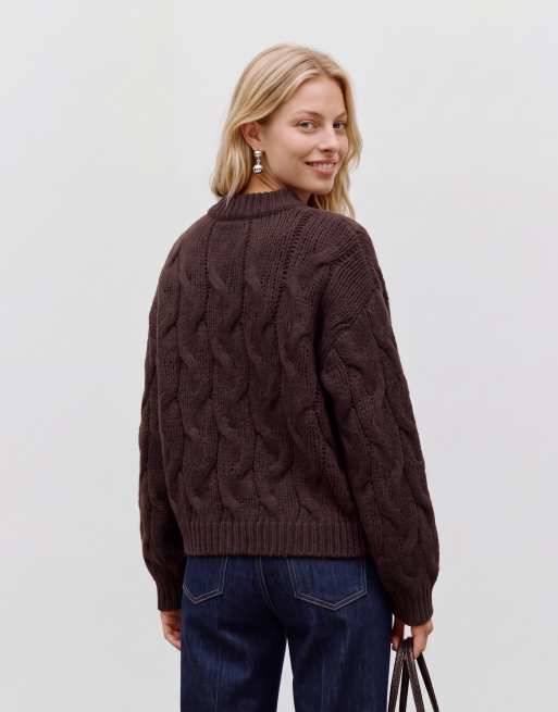 Vero Moda oversized high neck fluffy cable knit sweater in chocolate brown, 4 of 5