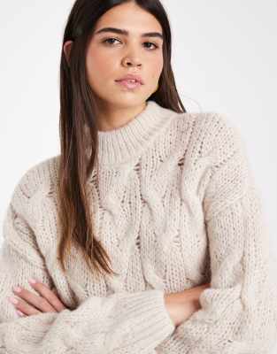 Vero Moda Oversized High Neck Fluffy Cable Knit Sweater In White