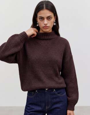 Vero Moda Oversized High Neck Fluffy Knit Sweater In Brown