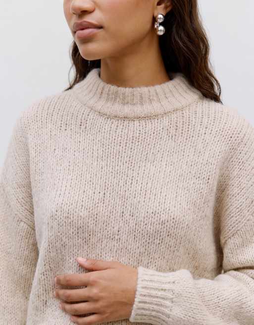 Vero Moda oversized high neck fluffy knit sweater in oatmeal, 3 of 5