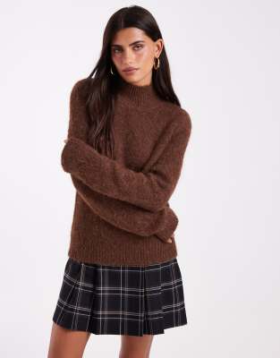 Vero Moda Oversized High Neck Soft Knit Sweater In Brown